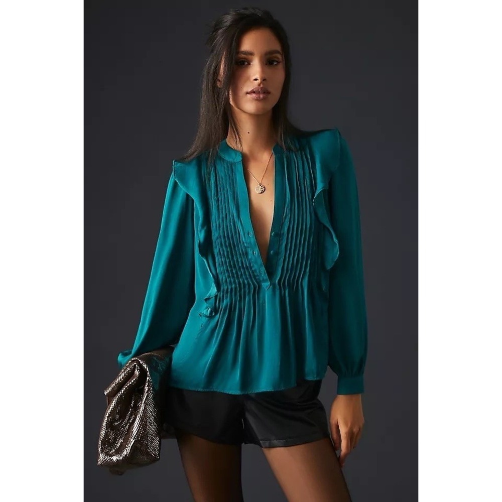 Anthropologie Pintuck Blouse Long Sleeve Teal Blue M New Dark Romantic Victorian